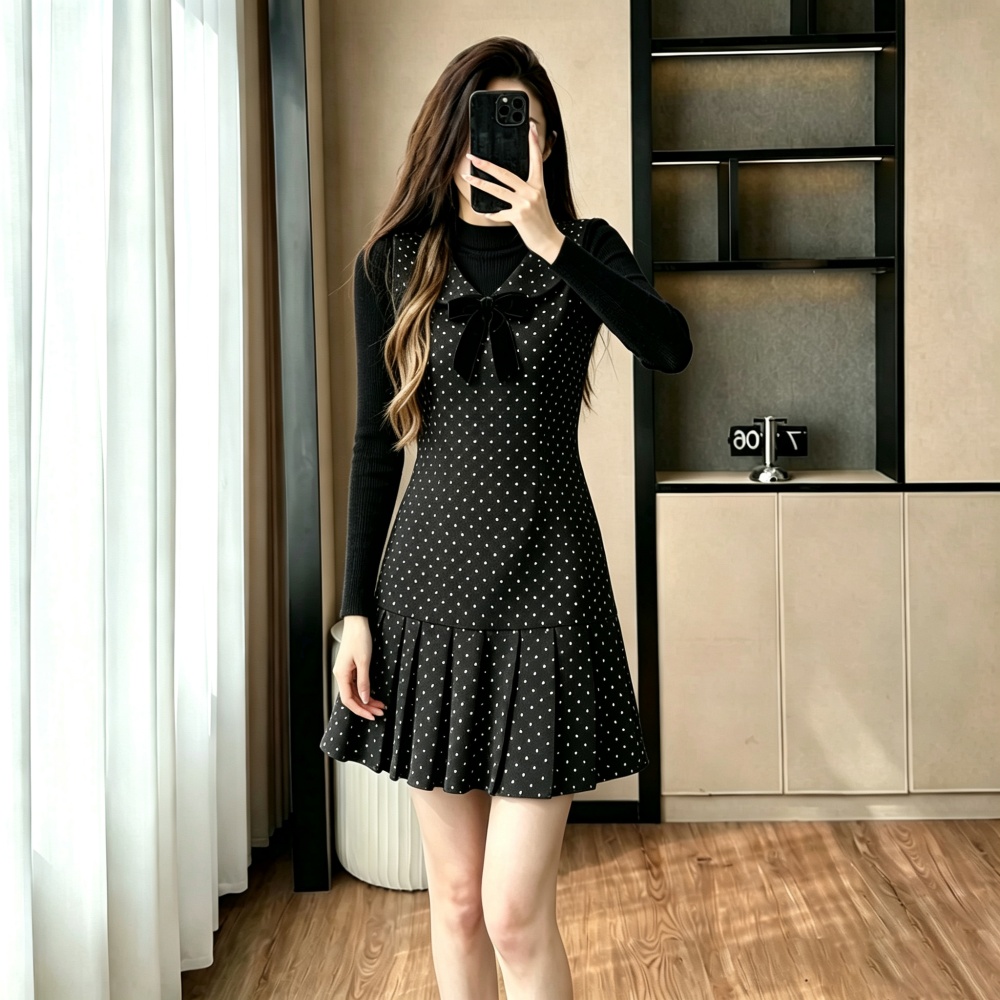 Bow autumn pleated dress knitted polka dot sweater a set