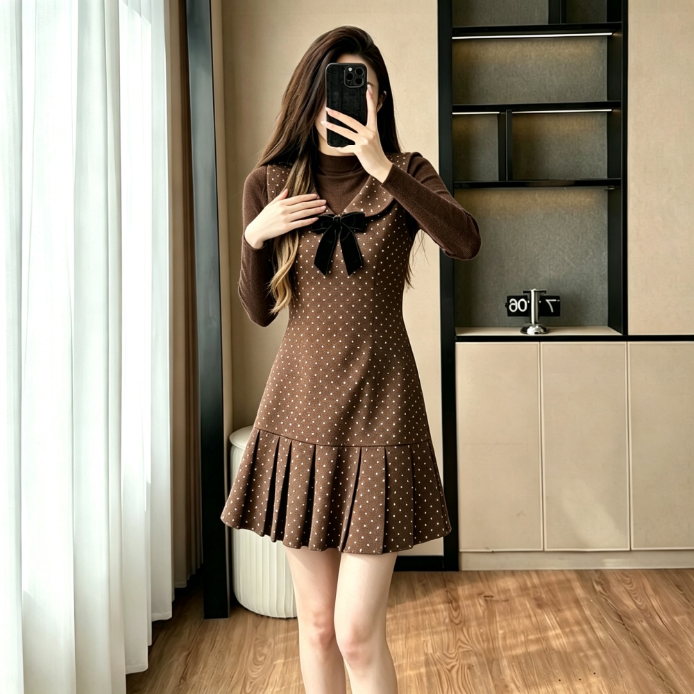 Bow autumn pleated dress knitted polka dot sweater a set