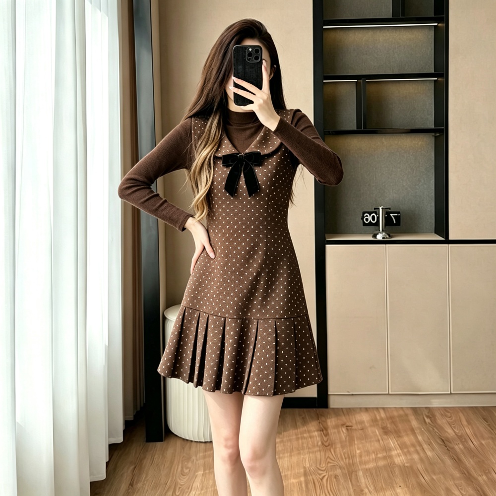 Bow autumn pleated dress knitted polka dot sweater a set