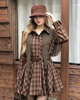 Mixed colors fashion autumn pinched waist plaid dress