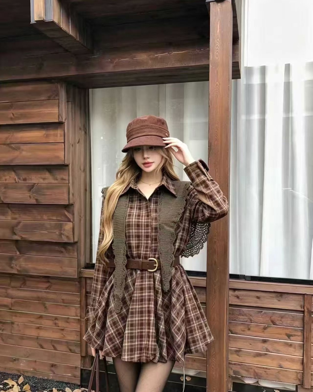 Mixed colors fashion autumn pinched waist plaid dress