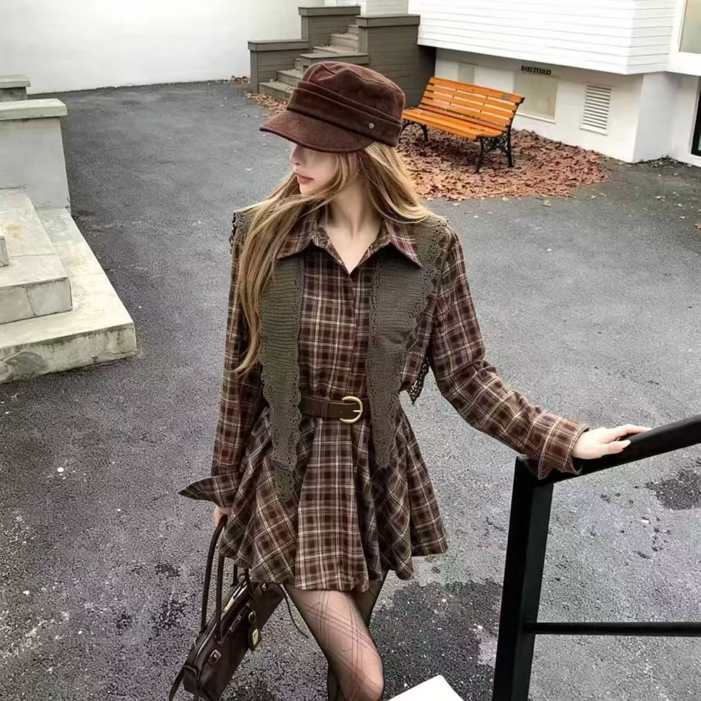 Mixed colors fashion autumn pinched waist plaid dress