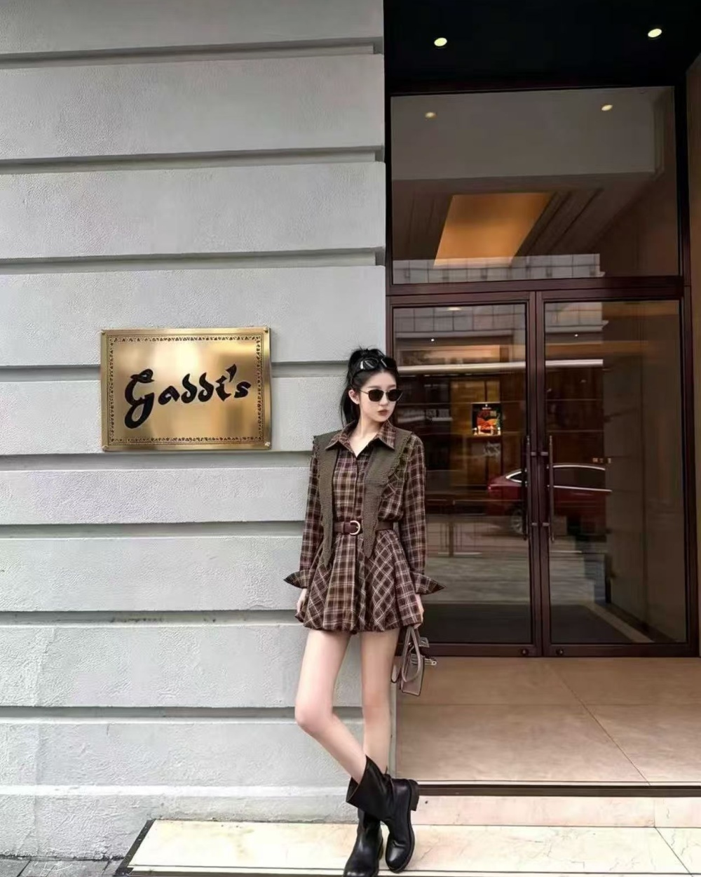 Mixed colors fashion autumn pinched waist plaid dress
