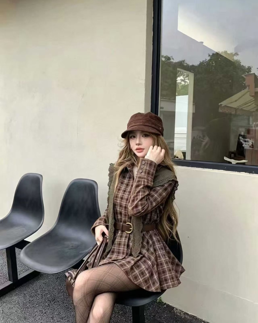 Mixed colors fashion autumn pinched waist plaid dress