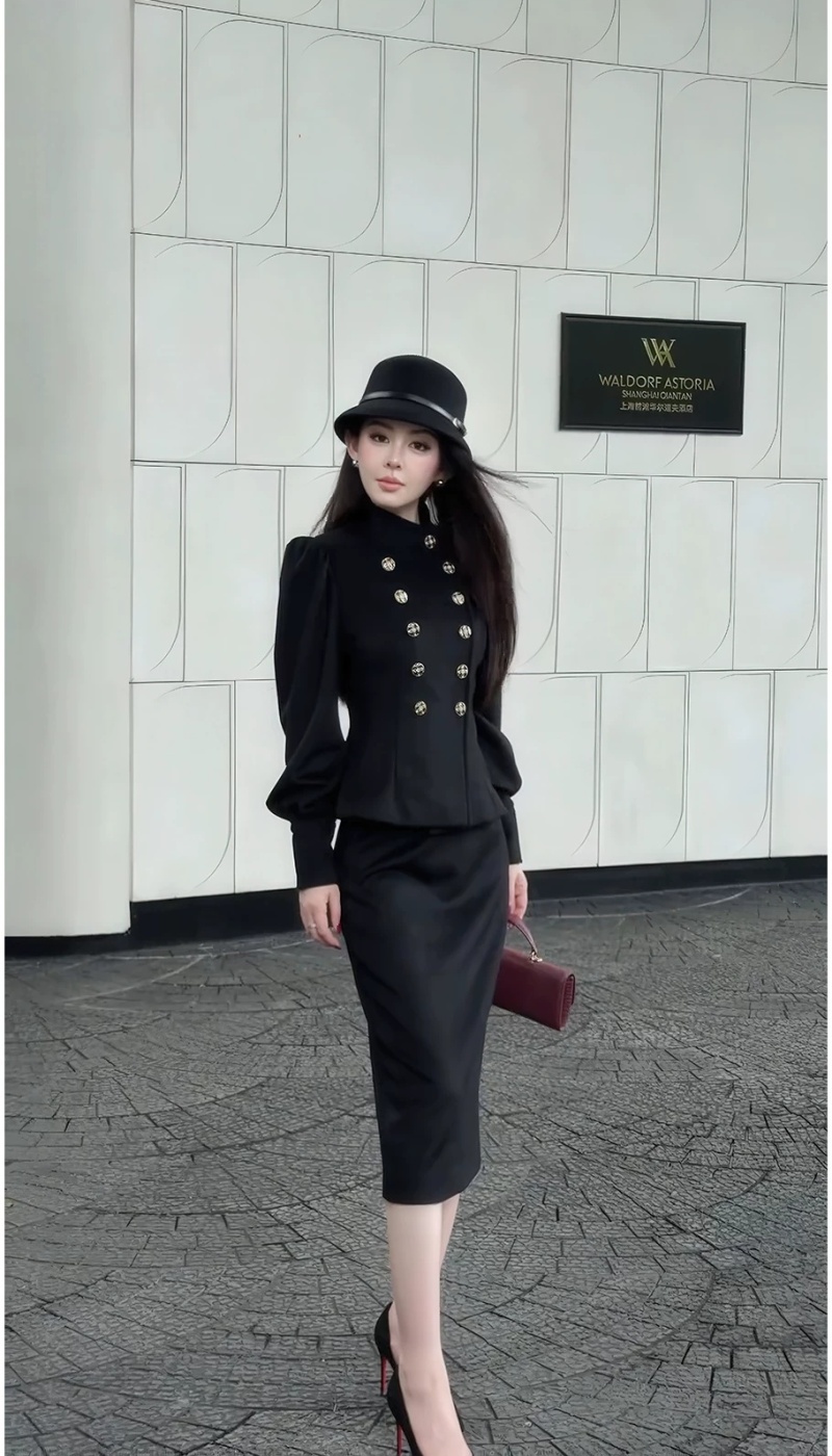 Double-breasted autumn long skirt fashion coat 2pcs set