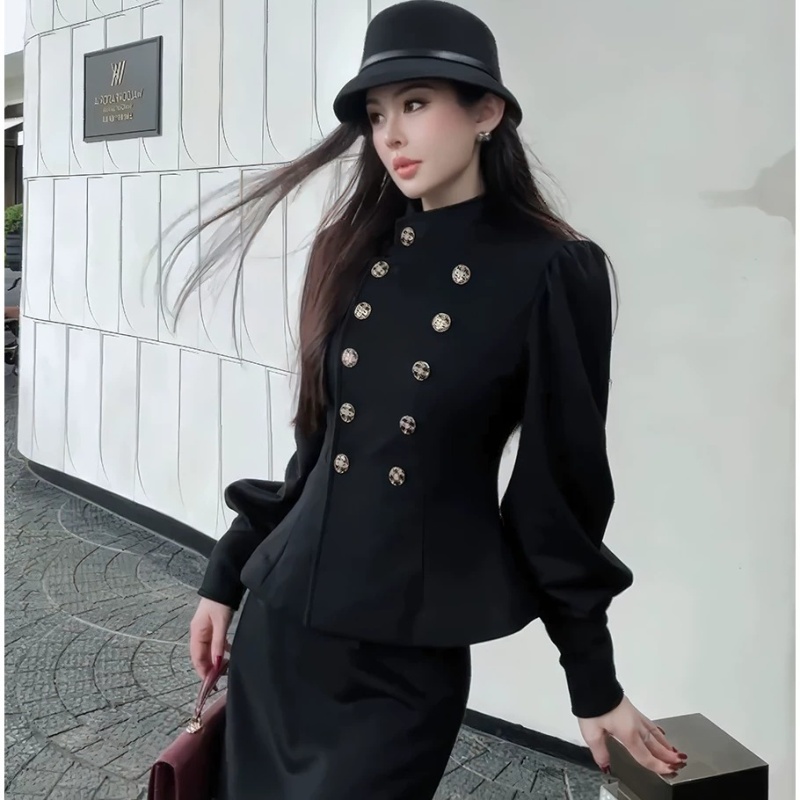 Double-breasted autumn long skirt fashion coat 2pcs set