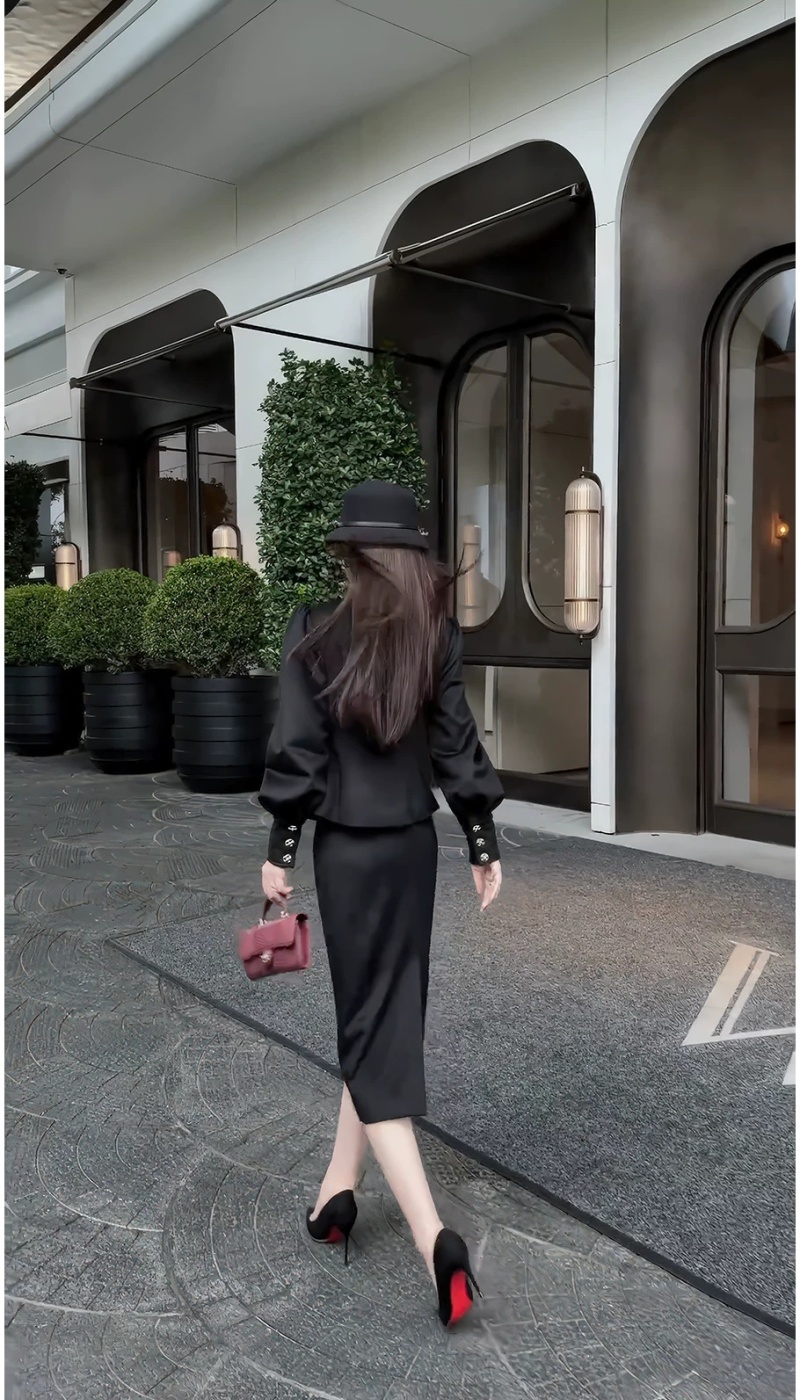 Double-breasted autumn long skirt fashion coat 2pcs set