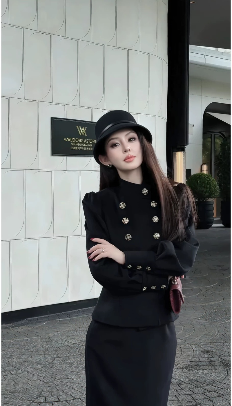 Double-breasted autumn long skirt fashion coat 2pcs set