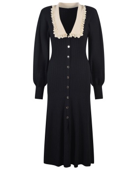 France style slim long dress puff sleeve lace collar dress