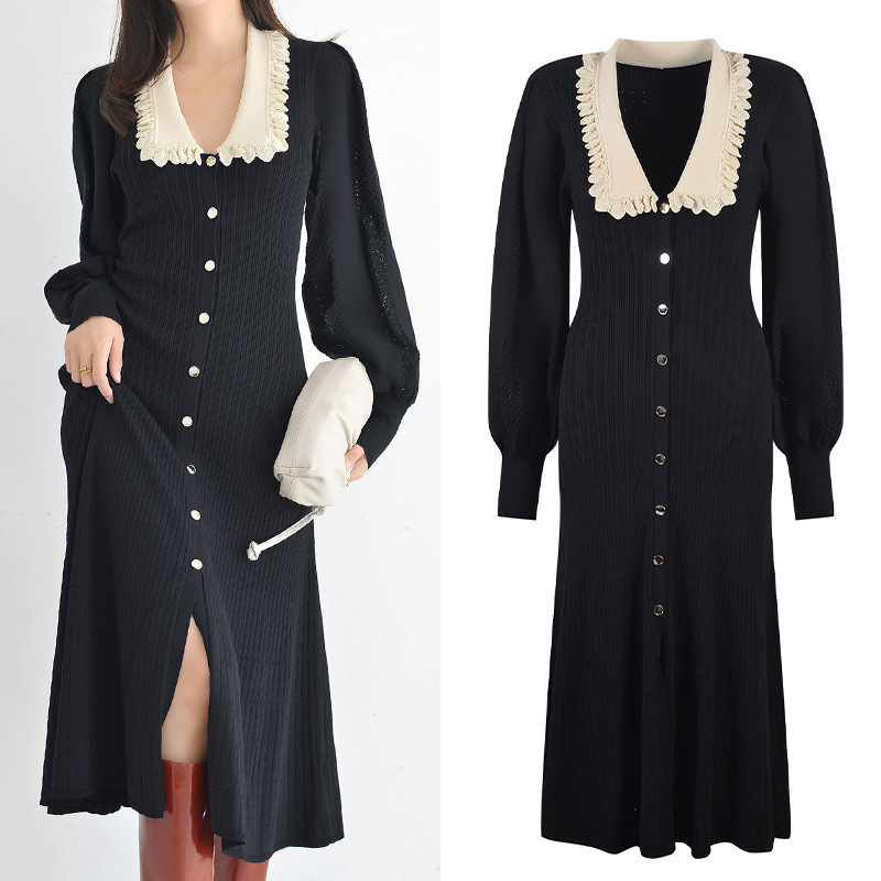 France style slim long dress puff sleeve lace collar dress