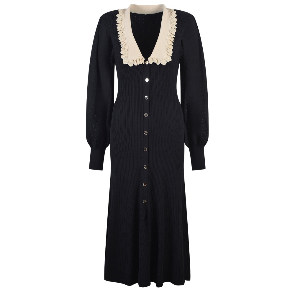 France style slim long dress puff sleeve lace collar dress