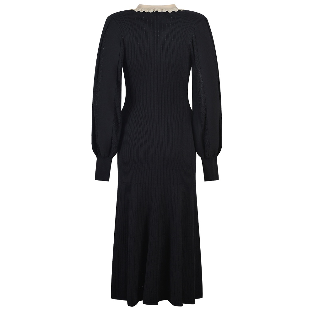 France style slim long dress puff sleeve lace collar dress