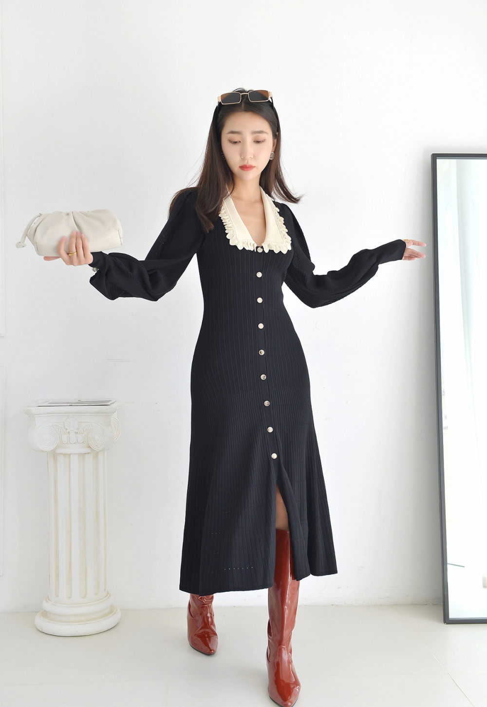 France style slim long dress puff sleeve lace collar dress