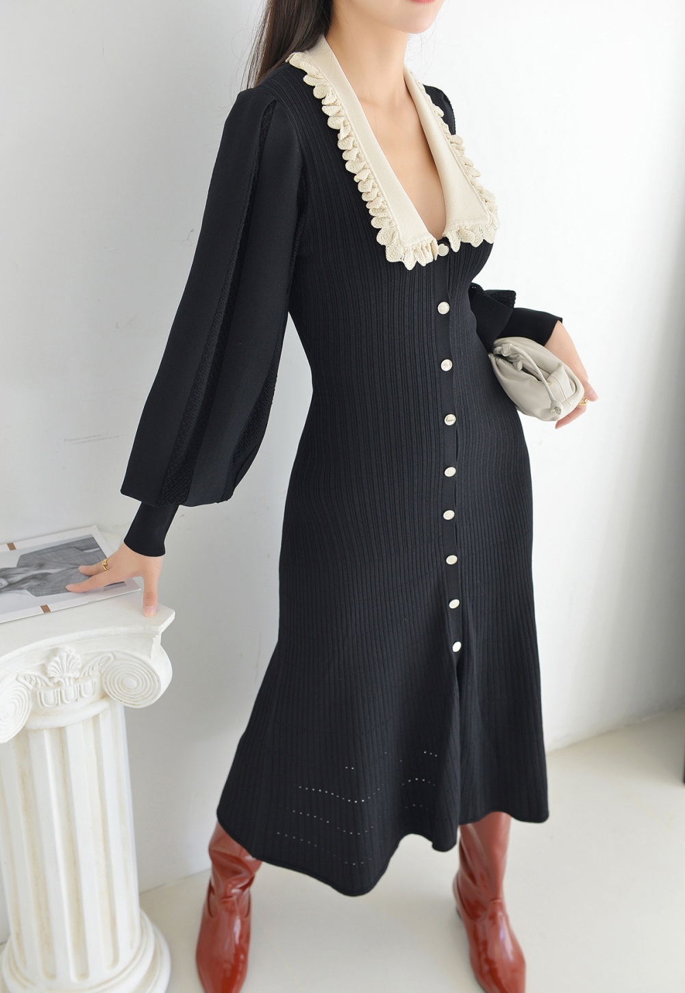 France style slim long dress puff sleeve lace collar dress