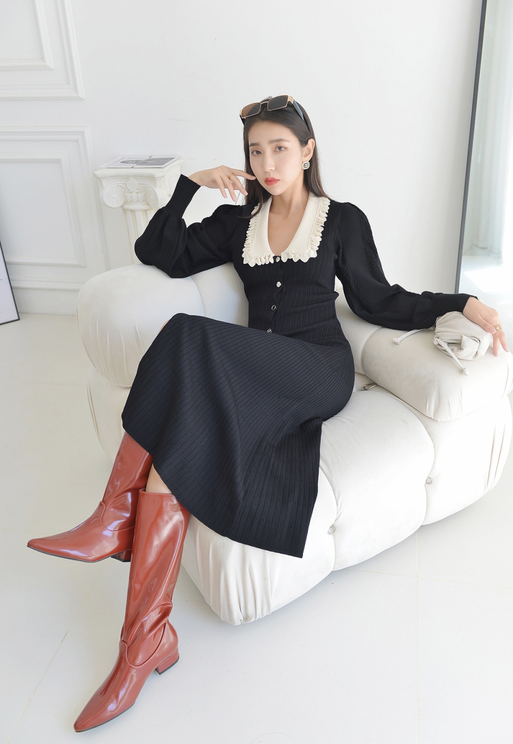 France style slim long dress puff sleeve lace collar dress