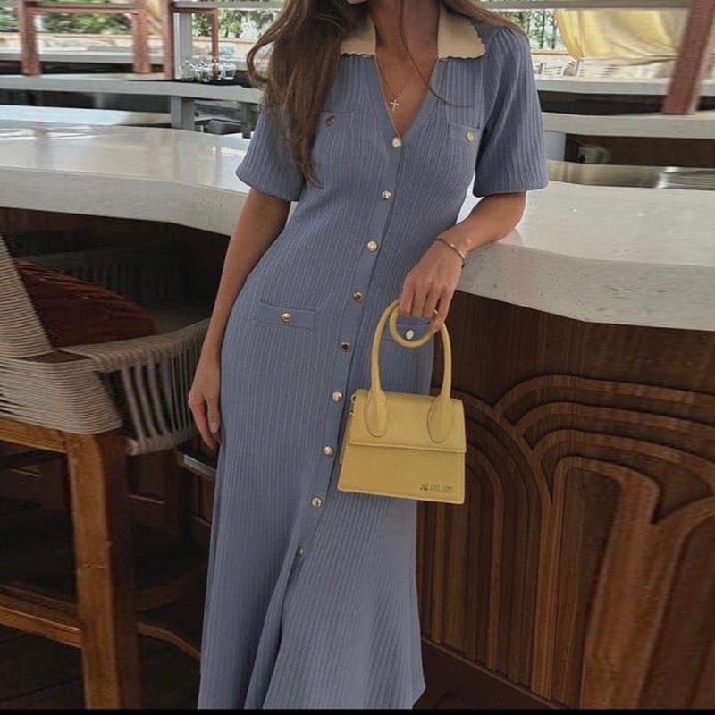 V-neck pinched waist dress temperament long dress