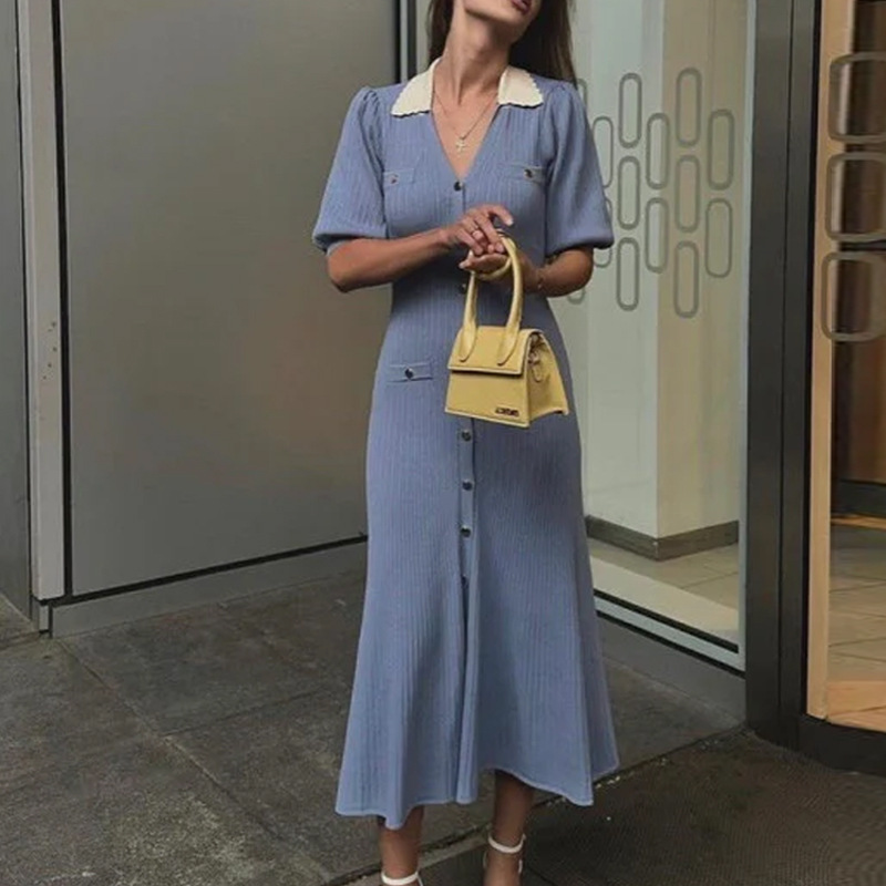 V-neck pinched waist dress temperament long dress