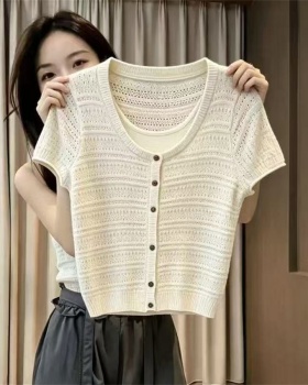 Short sleeve Korean style tops Pseudo-two knitted T-shirt for women