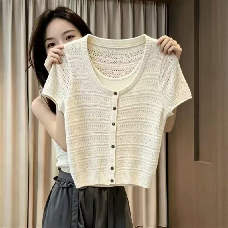 Short sleeve Korean style tops Pseudo-two knitted T-shirt for women