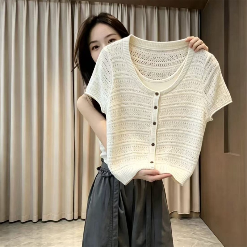 Short sleeve Korean style tops Pseudo-two knitted T-shirt for women