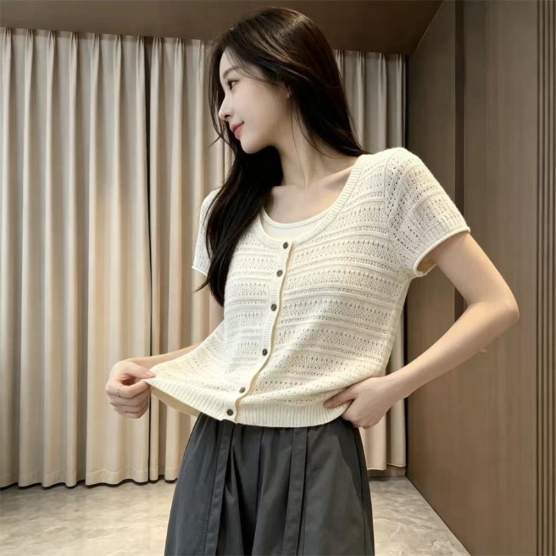 Short sleeve Korean style tops Pseudo-two knitted T-shirt for women