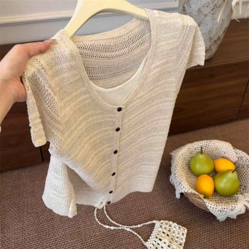 Short sleeve Korean style tops Pseudo-two knitted T-shirt for women