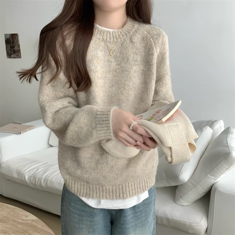 Loose pullover lazy sweater round neck thick tops for women