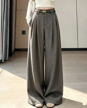 High waist woolen wide leg pants straight belt
