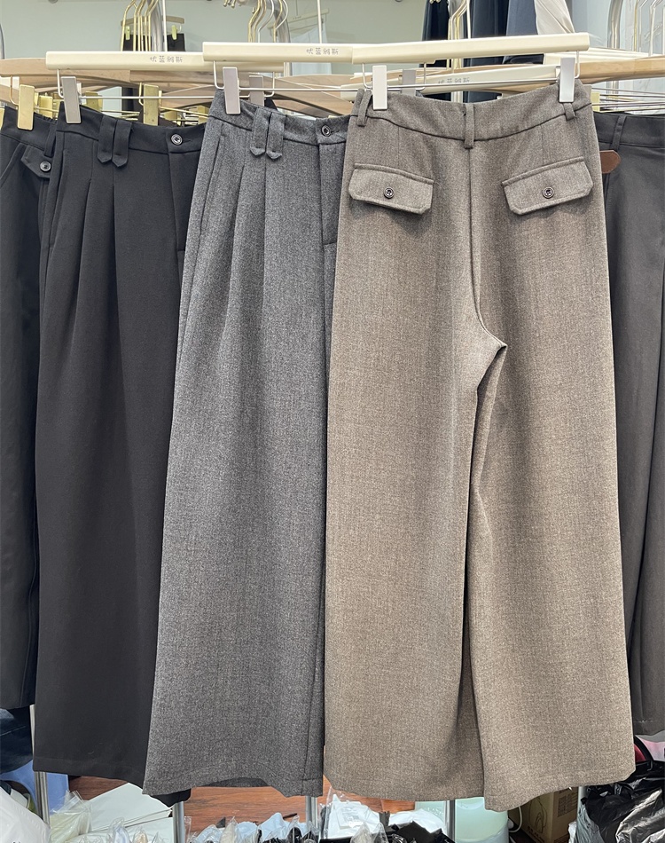 High waist woolen wide leg pants straight belt