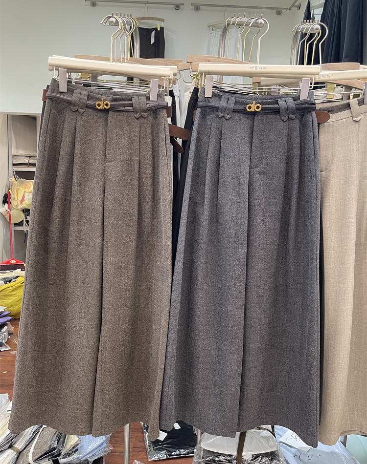 High waist woolen wide leg pants straight belt
