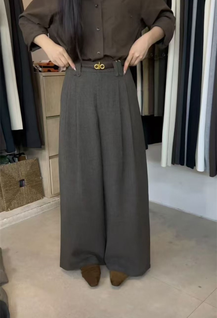 High waist woolen wide leg pants straight belt
