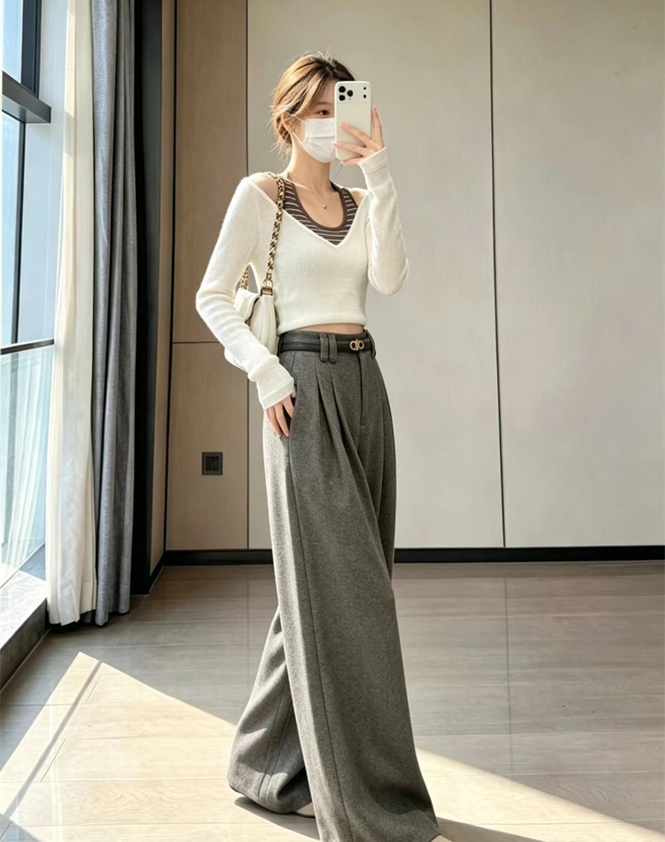 High waist woolen wide leg pants straight belt