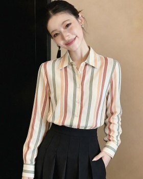 Stripe long sleeve tops slim satin shirt