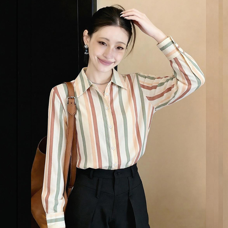 Stripe long sleeve tops slim satin shirt