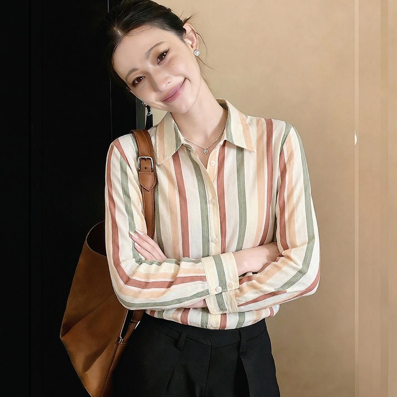 Stripe long sleeve tops slim satin shirt