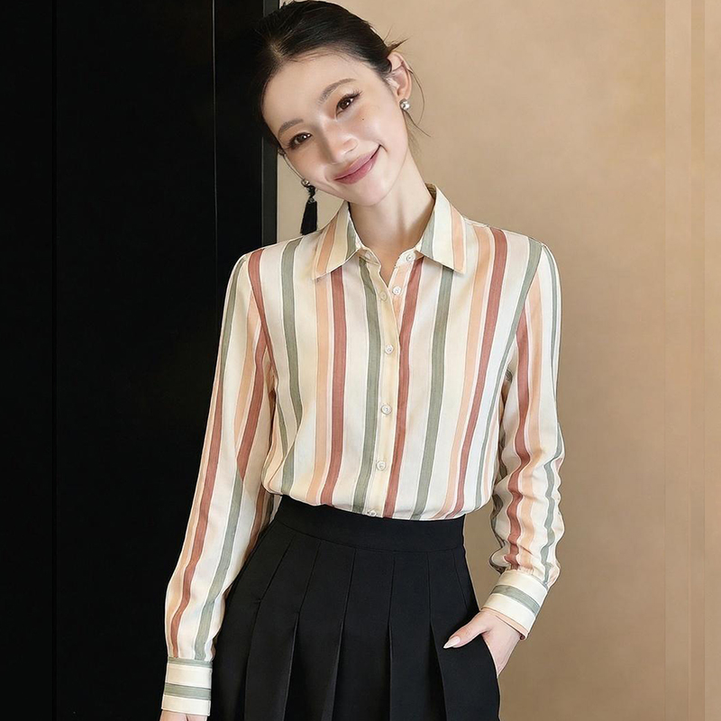 Stripe long sleeve tops slim satin shirt