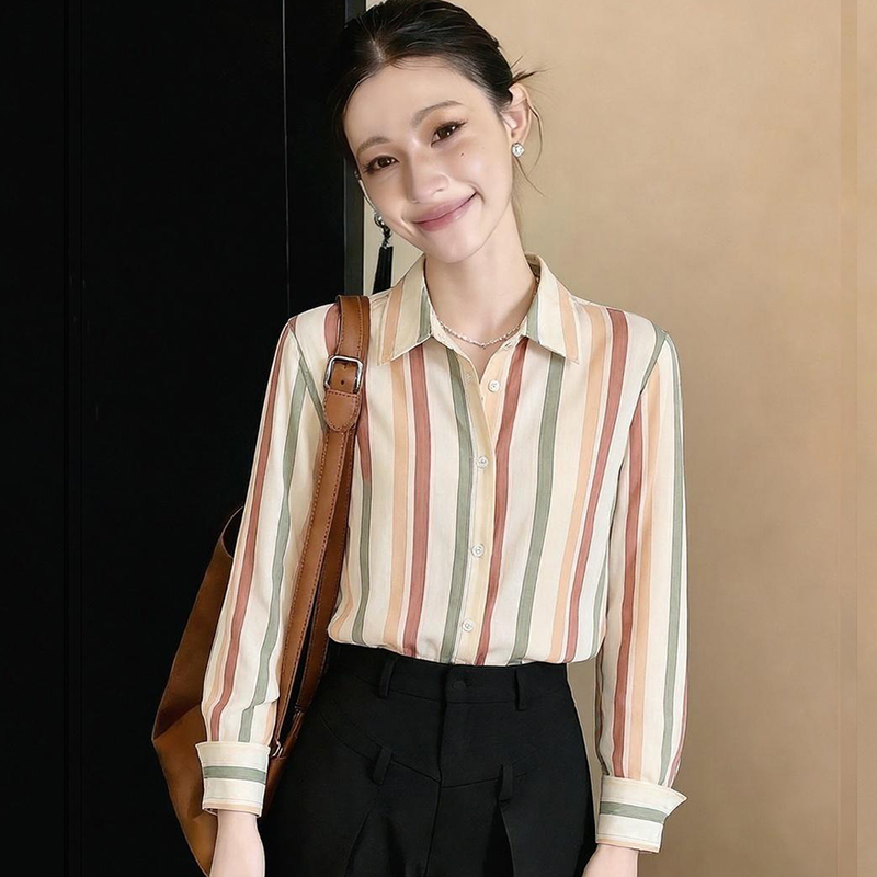 Stripe long sleeve tops slim satin shirt