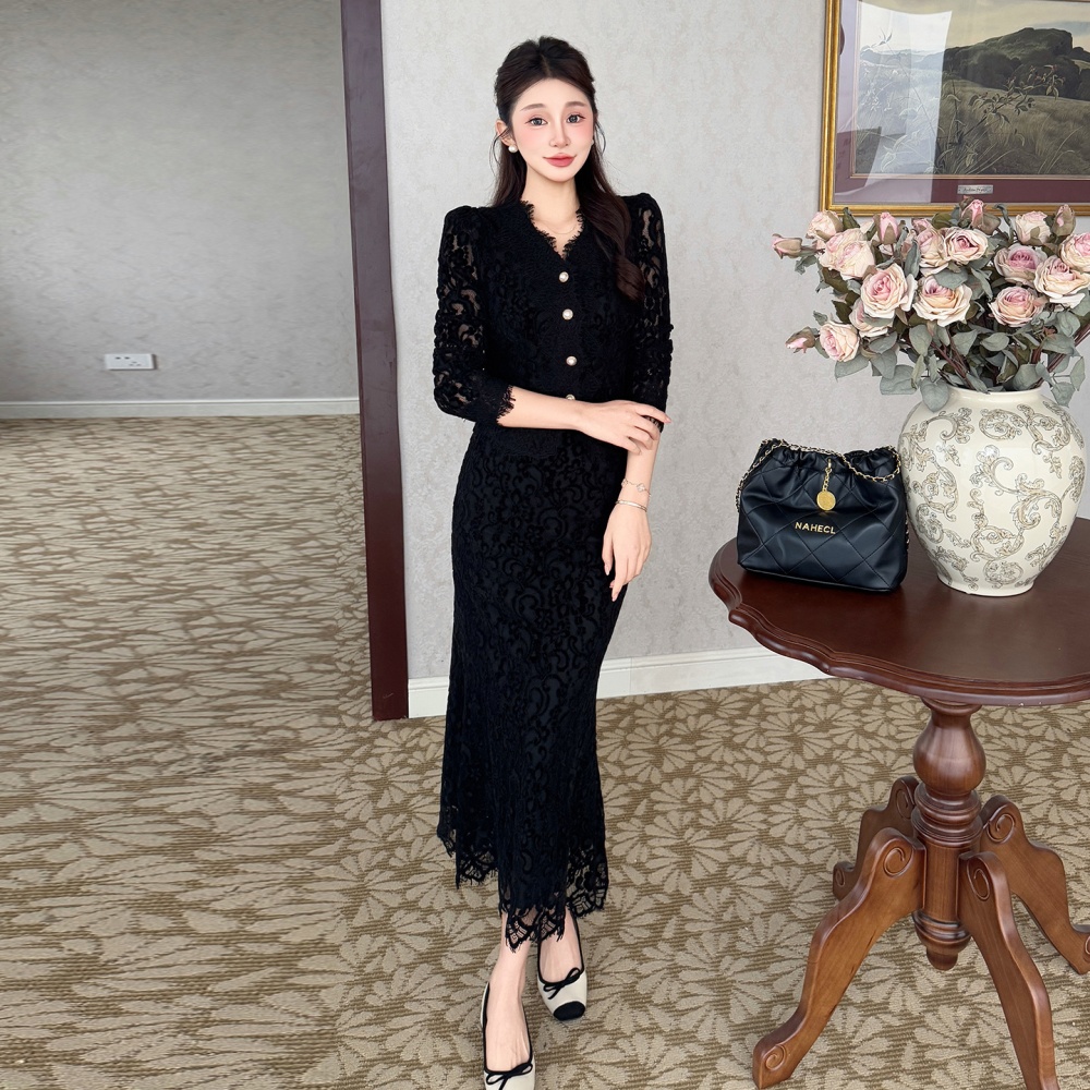 Lace temperament autumn and winter skirt 2pcs set