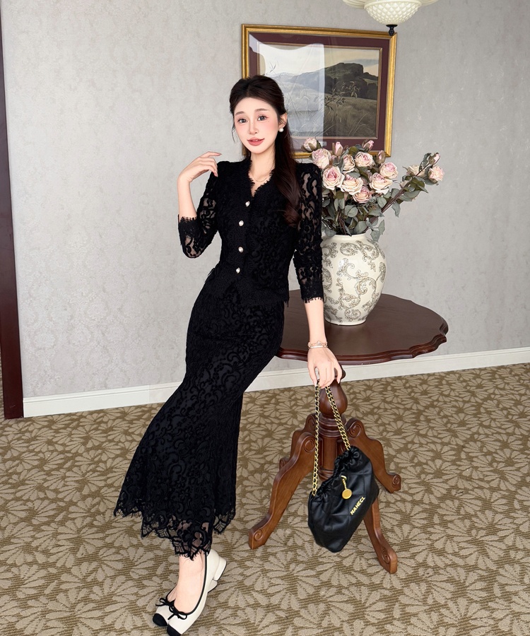 Lace temperament autumn and winter skirt 2pcs set