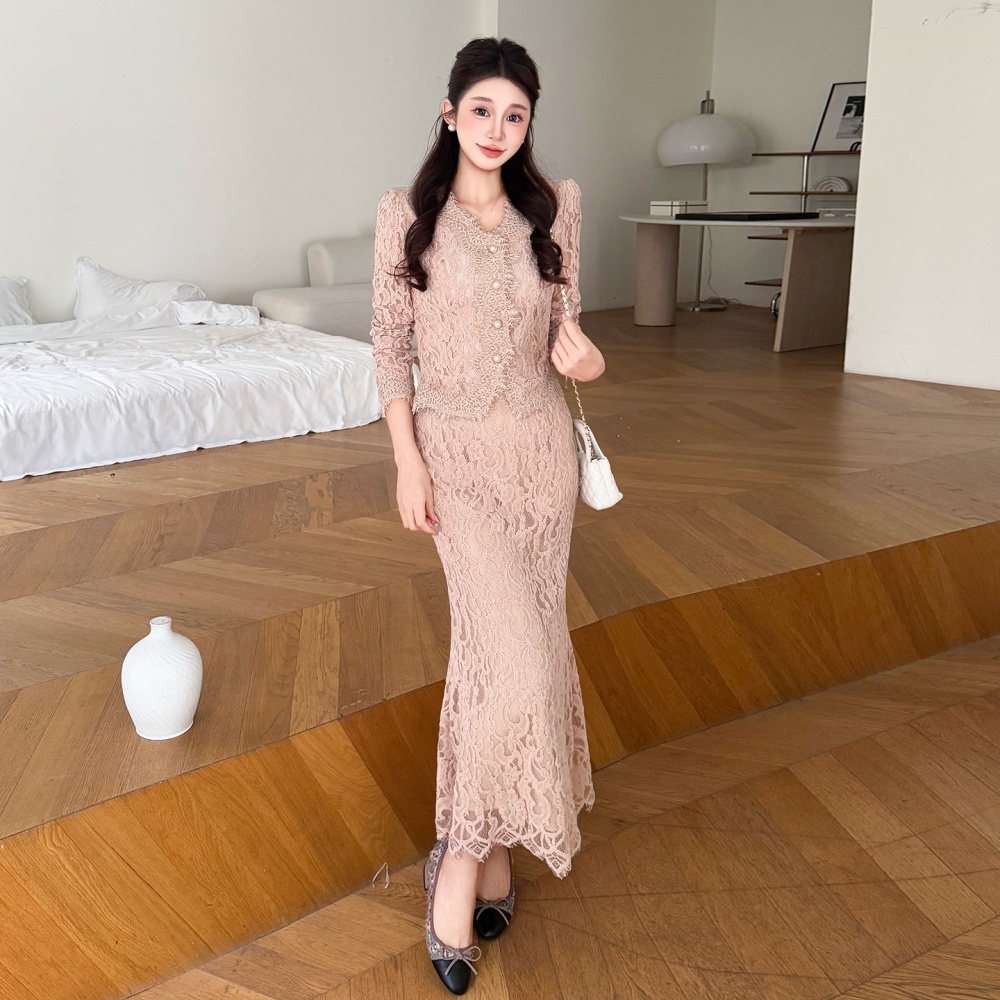 Lace temperament autumn and winter skirt 2pcs set