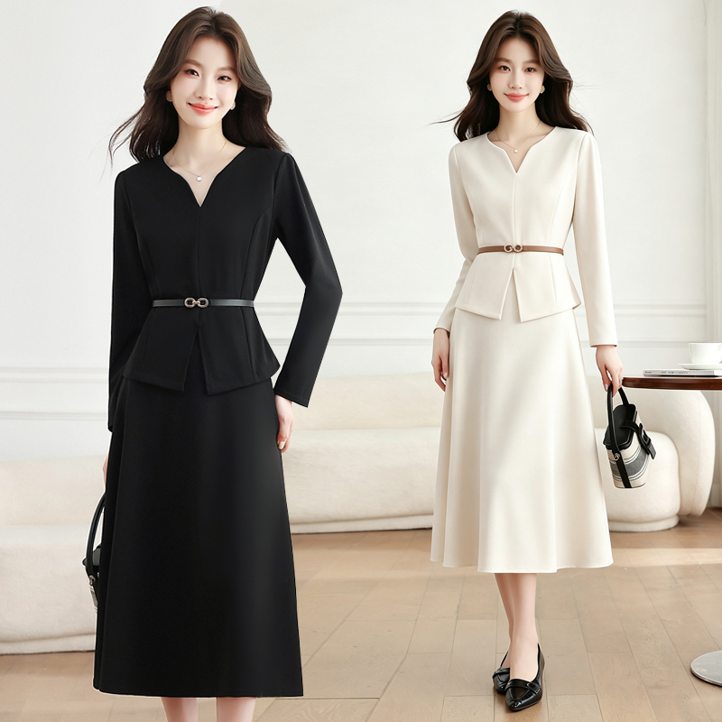 Long sleeve black dress autumn skirt 2pcs set for women