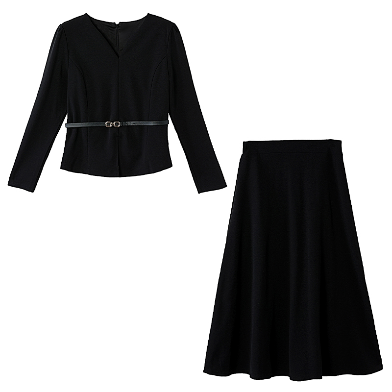 Long sleeve black dress autumn skirt 2pcs set for women