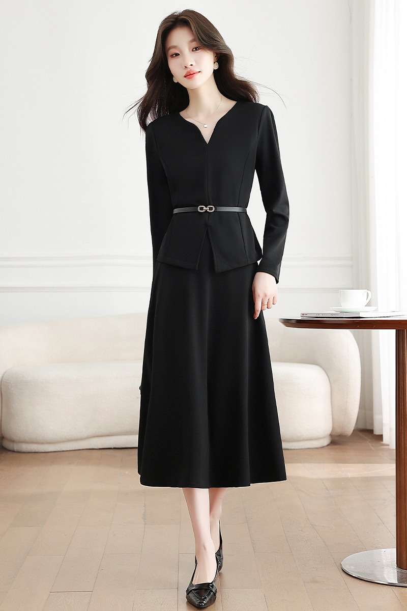 Long sleeve black dress autumn skirt 2pcs set for women