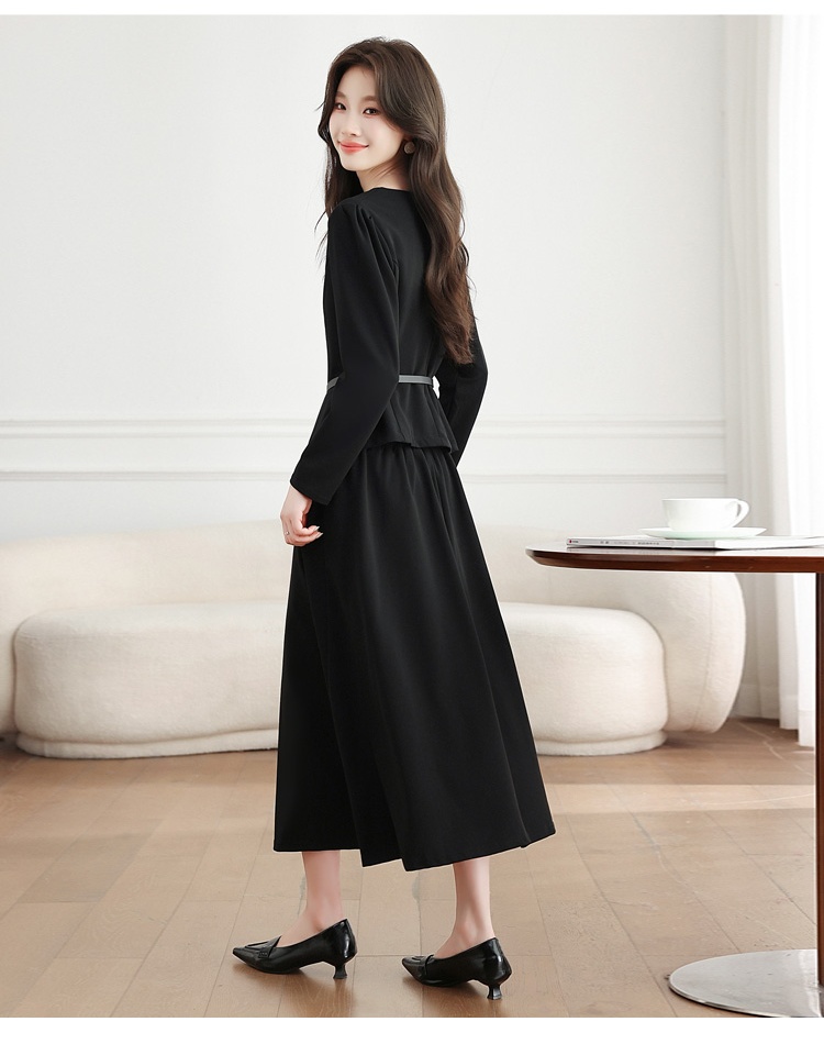 Long sleeve black dress autumn skirt 2pcs set for women