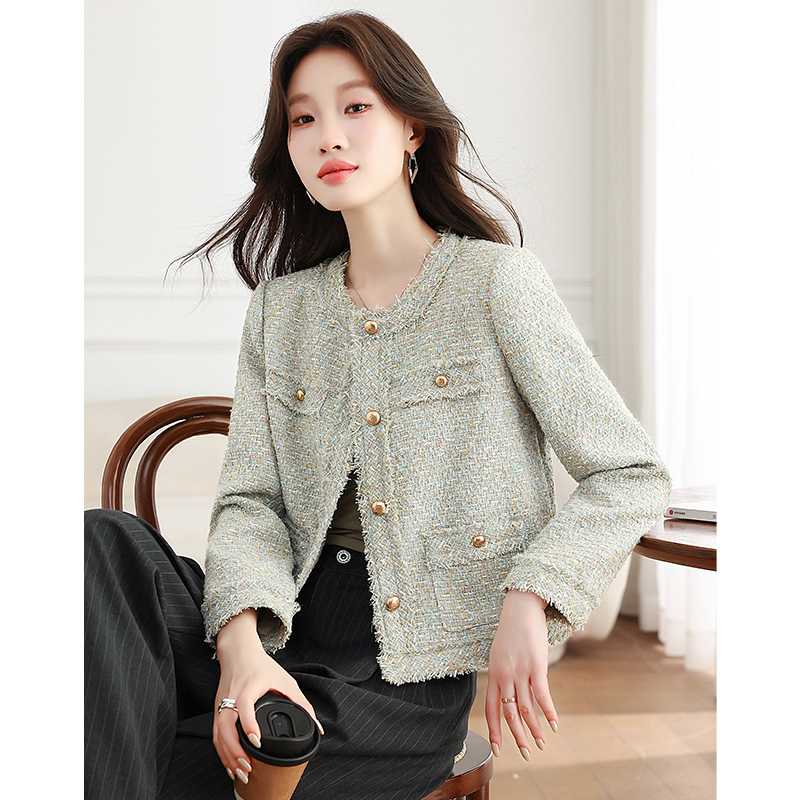 Light luxury autumn coat chanelstyle green tops for women