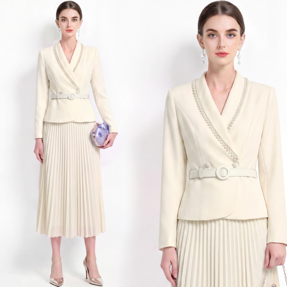 Elegant V-neck tops pinched waist skirt a set