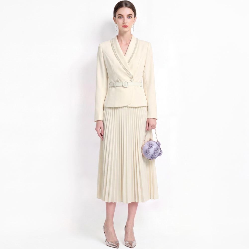 Elegant V-neck tops pinched waist skirt a set