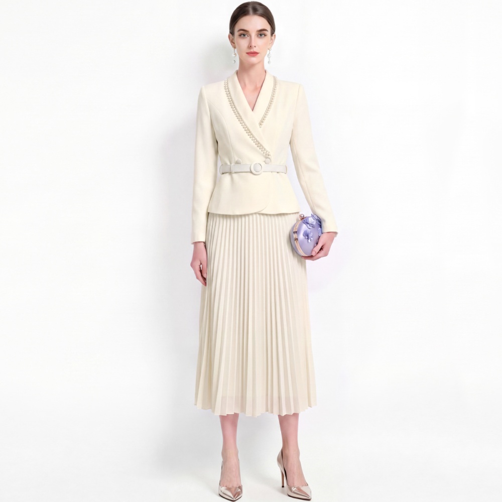 Elegant V-neck tops pinched waist skirt a set