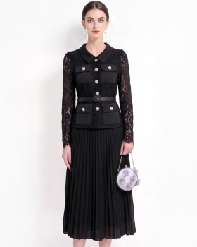High waist slim with belt long sleeve lapel dress