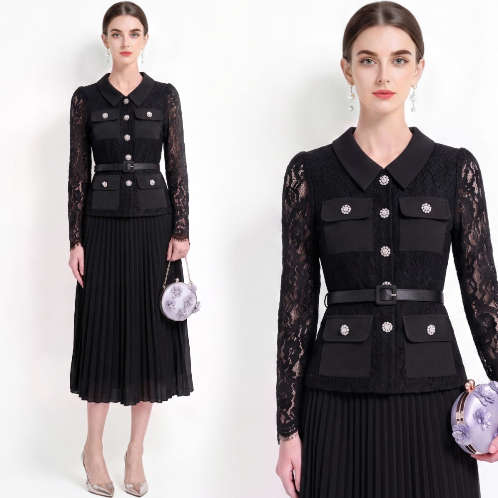 High waist slim with belt long sleeve lapel dress